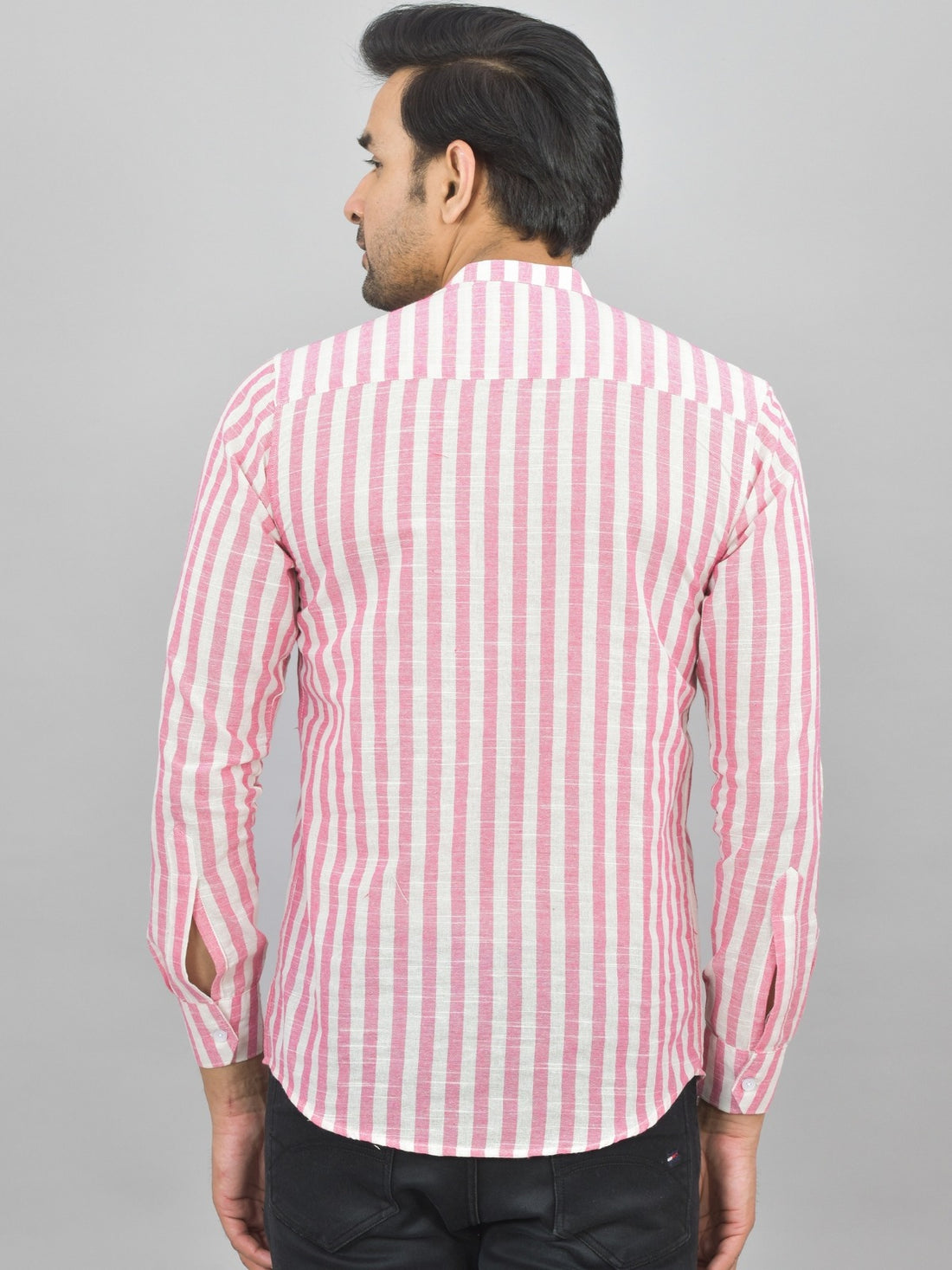 Regular Fit Pink Stripes Linen Slub Short Kurta