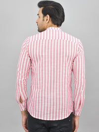 Mens Regular Fit Pink Striped Linen Slub Short Kurta