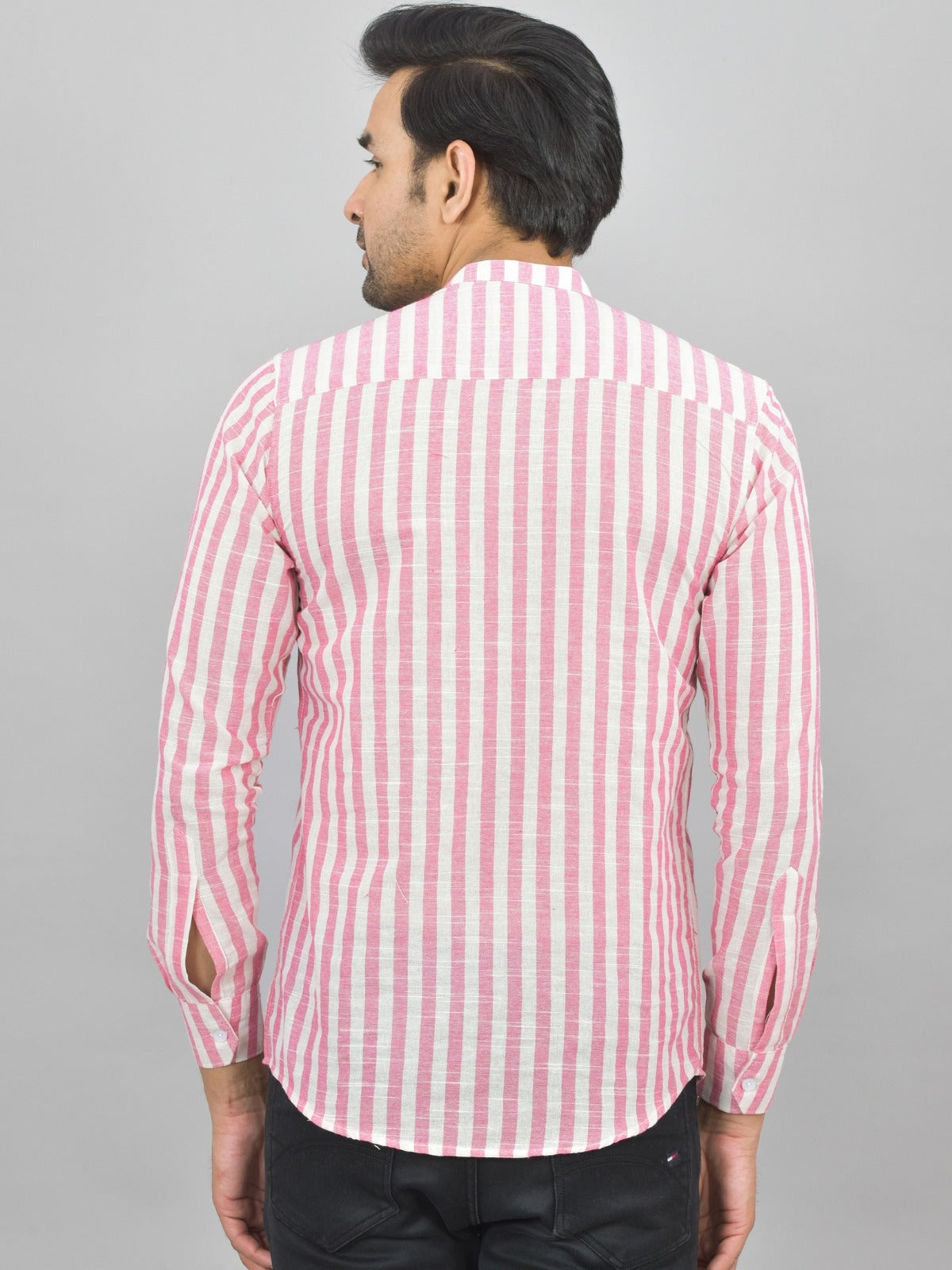 Pack Of 2 Mens Pink And Light Pink Stripe Linen Slub Short Kurta