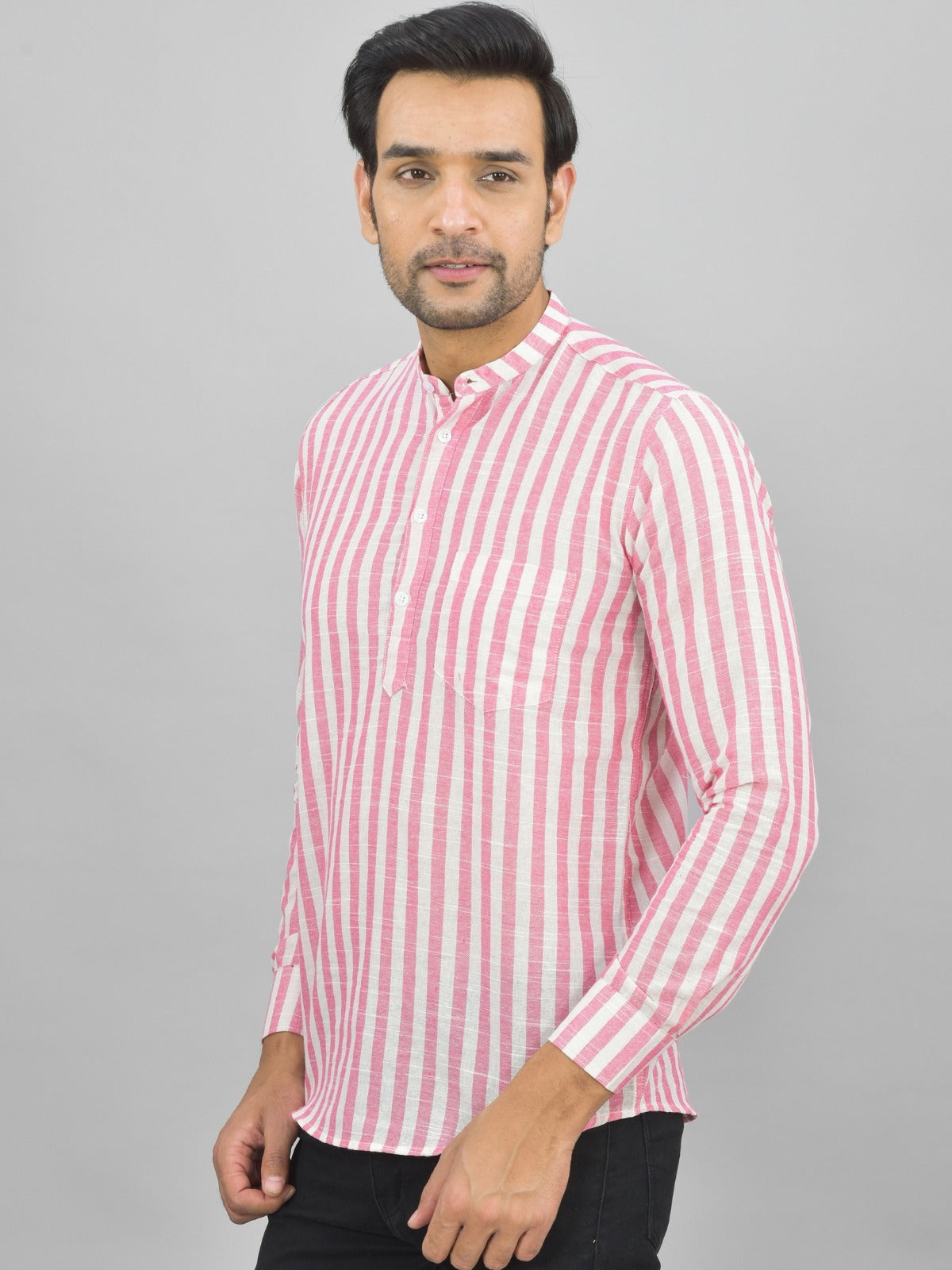 Mens Regular Fit Pink Striped Linen Slub Short Kurta