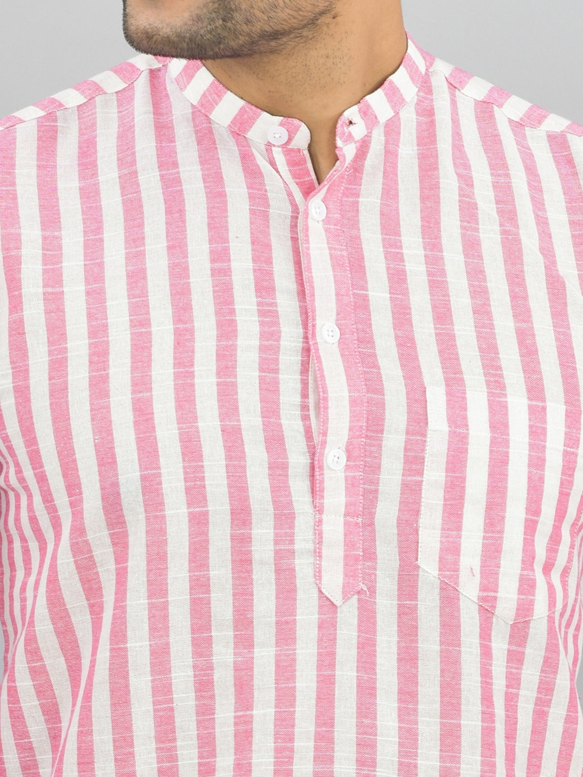 Mens Regular Fit Pink Striped Linen Slub Short Kurta