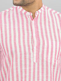 Mens Regular Fit Pink Striped Linen Slub Short Kurta