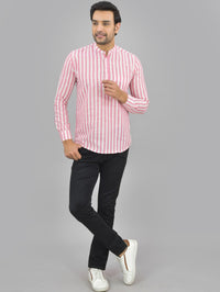 Mens Regular Fit Pink Striped Linen Slub Short Kurta