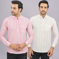 Pack Of 2 Mens Pink And Light Pink Stripe Linen Slub Short Kurta