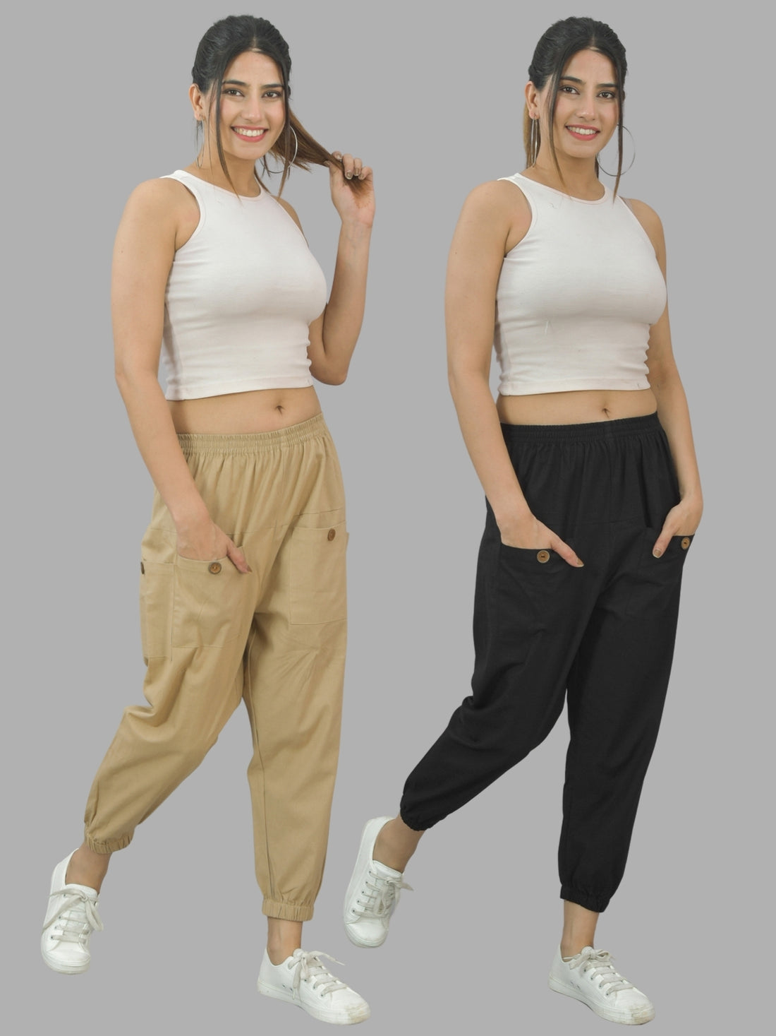 Combo Pack Of Womens Beige And Black Four Pocket Cotton Cargo Pants