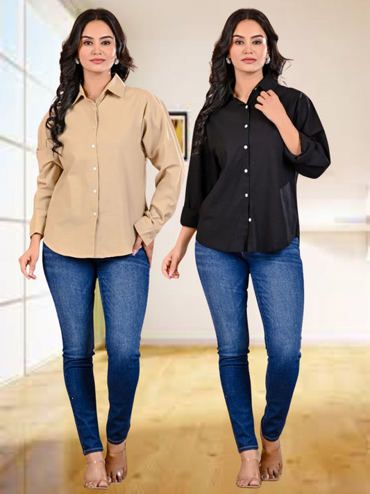 Pack Of 2 Womens Beige And Black Cotton Loose Fit Shirt Combo