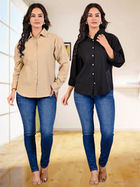 Pack Of 2 Womens Beige And Black Cotton Loose Fit Shirt Combo