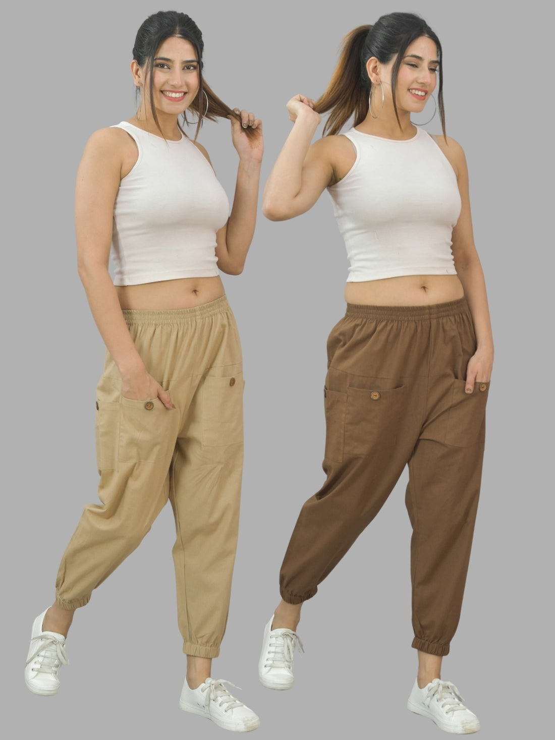 Combo Pack Of Womens Beige And Brown Four Pocket Cotton Cargo Pants
