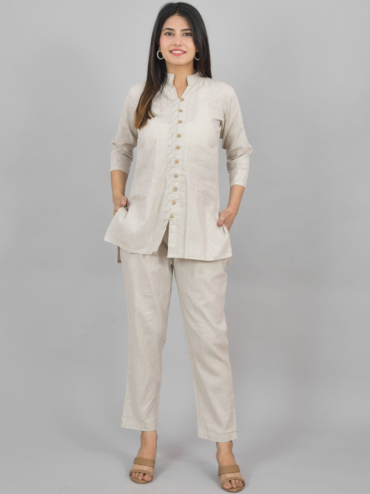 Quaclo Womens Solid Beige Cotton Top-Pyjama Co-Ords Set