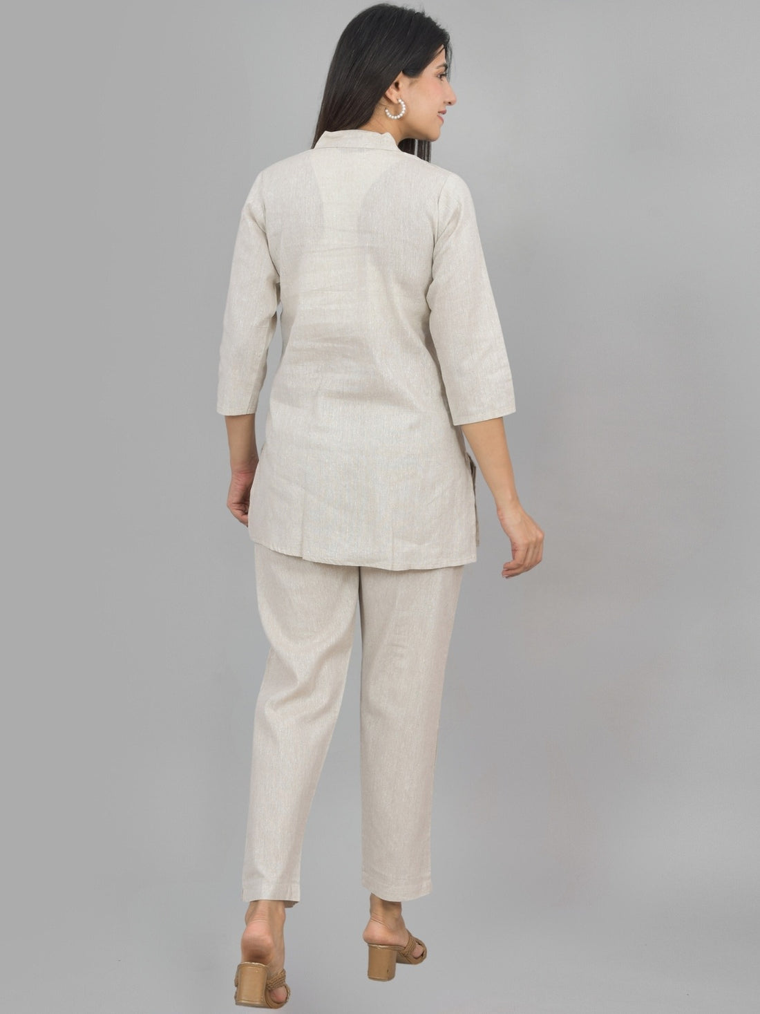Womens Solid Beige Cotton Top-Pyjama Co-Ords Set
