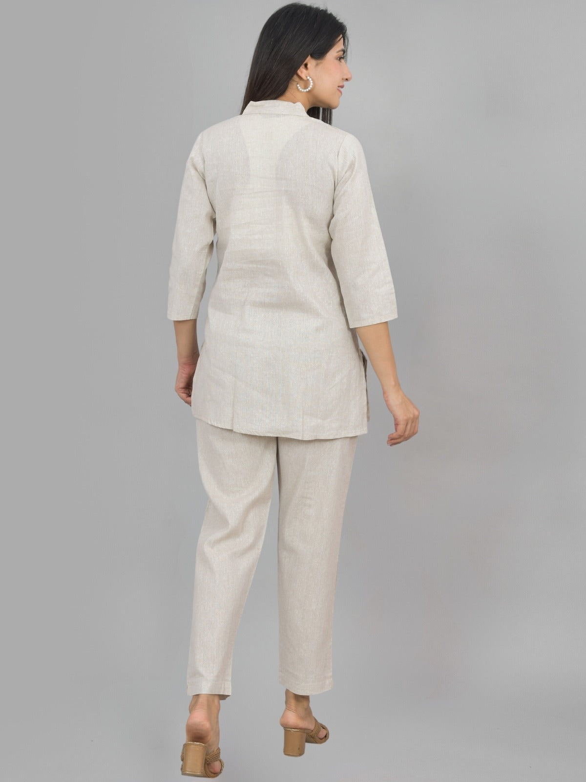 Quaclo Womens Solid Beige Cotton Top-Pyjama Co-Ords Set