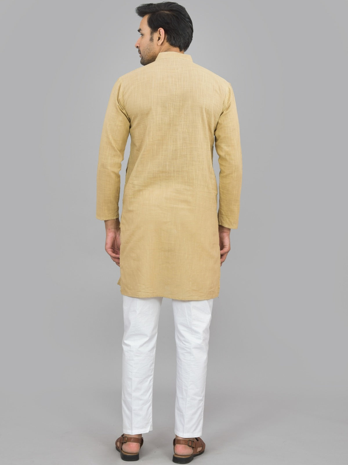 Quaclo Mens Solid Beige Cotton Long Kurta