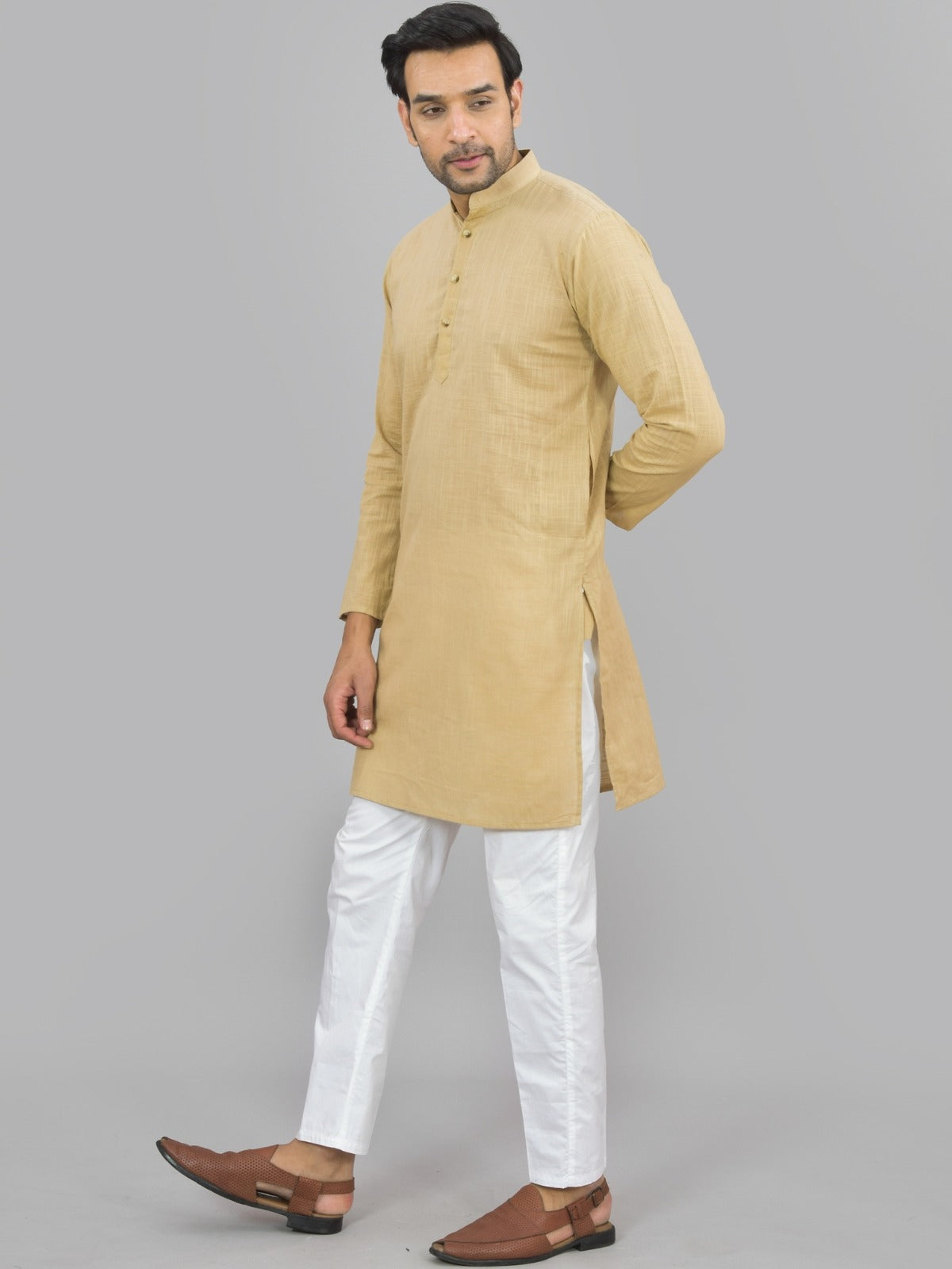 Quaclo Mens Solid Beige Cotton Long Kurta