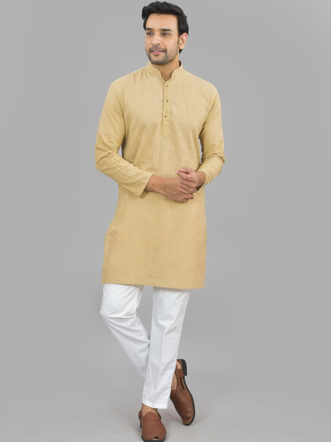 Mens Solid Mustard And Beige Cotton Long Kurta Combo