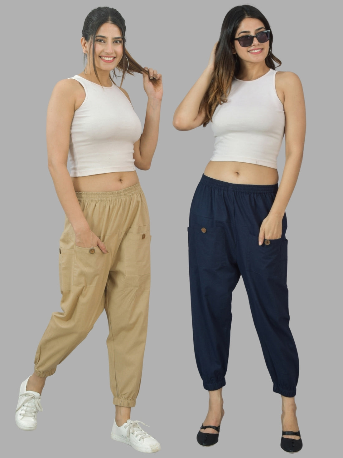 Combo Pack Of Womens Beige And Dark Blue Four Pocket Cotton Cargo Pants