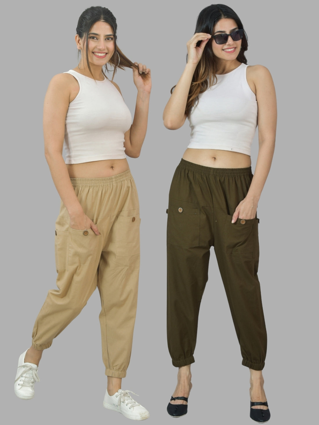 Combo Pack Of Womens Beige And Dark Green Four Pocket Cotton Cargo Pants