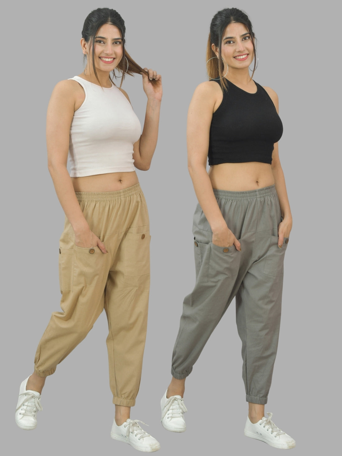 Combo Pack Of Womens Beige And Grey Four Pocket Cotton Cargo Pants