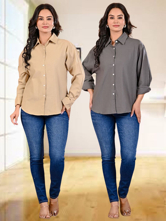 Pack Of 2 Womens Beige And Grey Cotton Loose Fit Shirt Combo