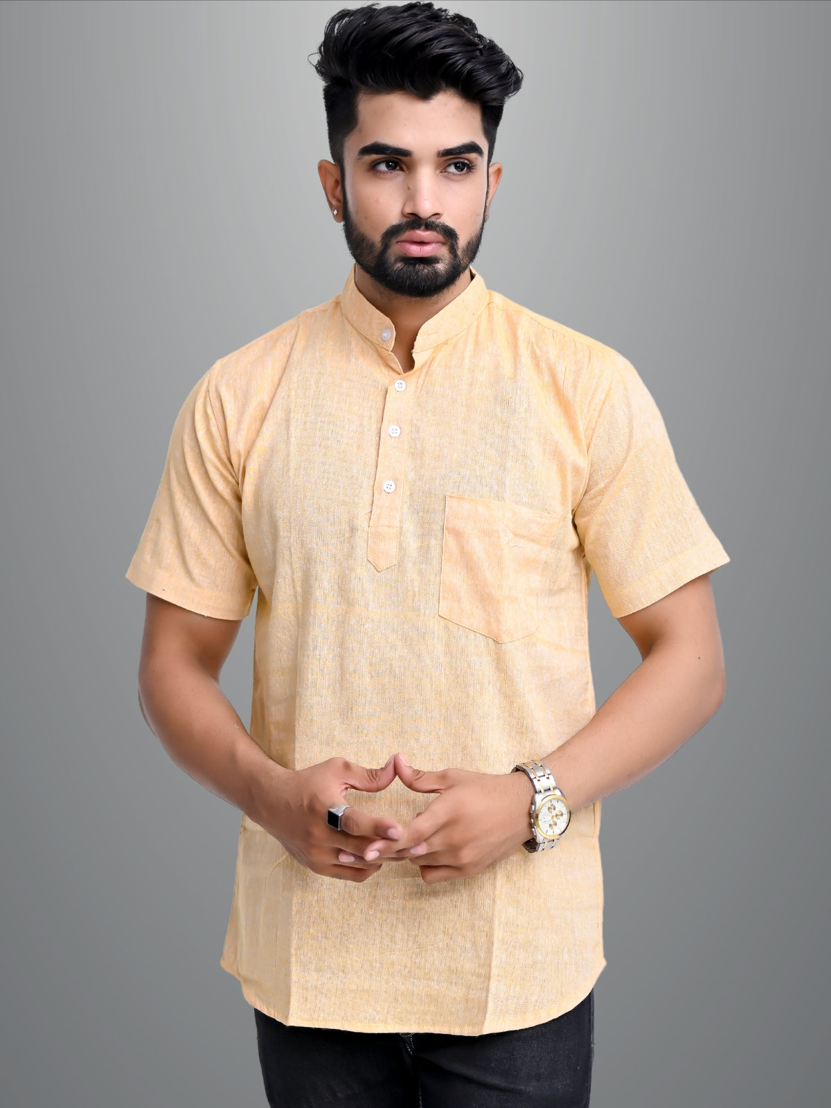 Pack of 2 Mens Solid Beige And Orange Khadi Cotton Short Kurta Combo