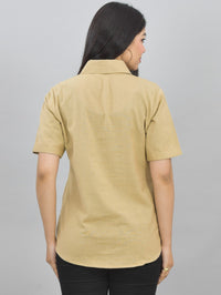 Women Solid Beige Half Sleeve Spread Collar Cotton Shirt