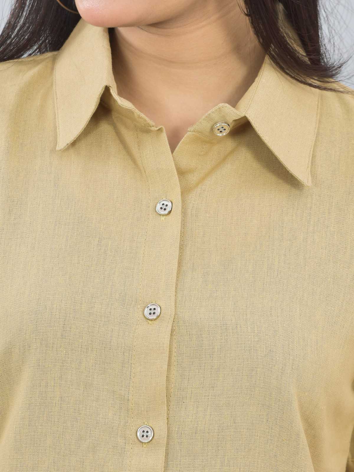 Women Solid Beige Half Sleeve Spread Collar Cotton Shirt