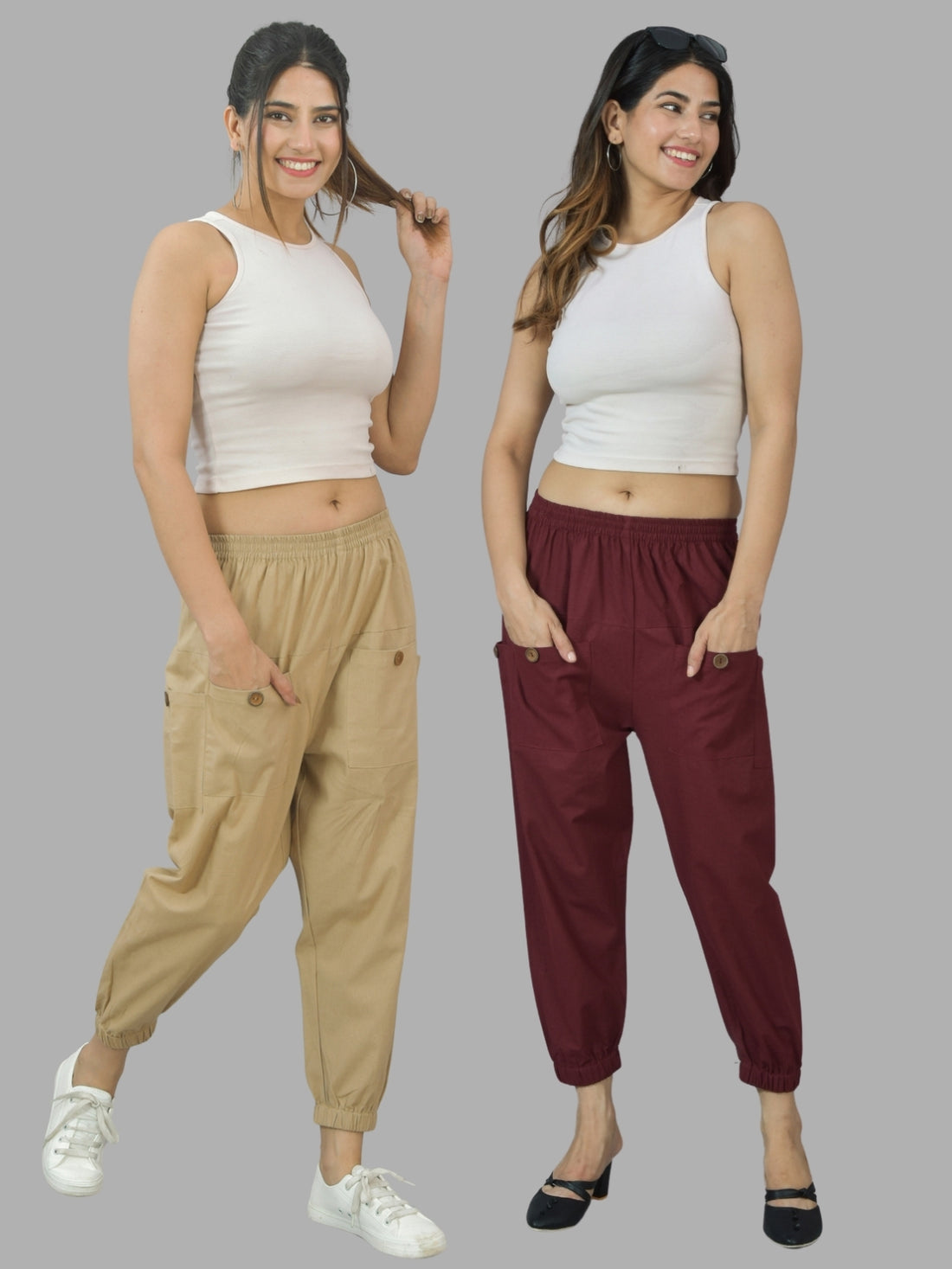 Combo Pack Of Womens Beige And Maroon Four Pocket Cotton Cargo Pants