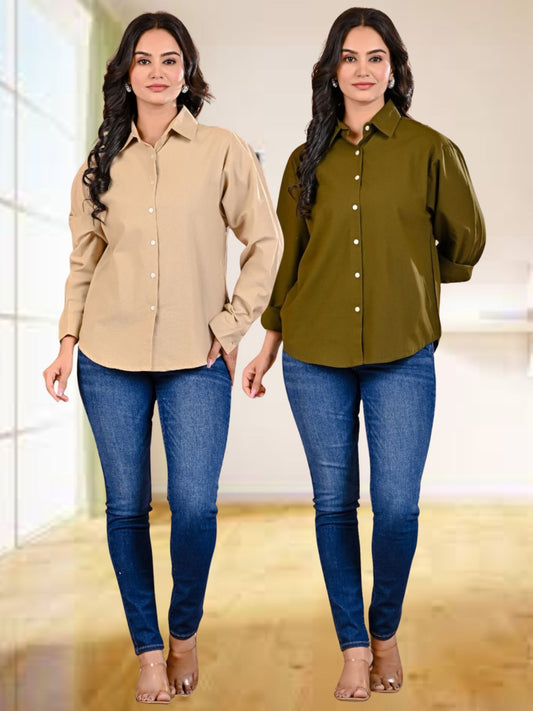 Pack Of 2 Womens Beige And Mehendi Green Cotton Loose Fit Shirt Combo
