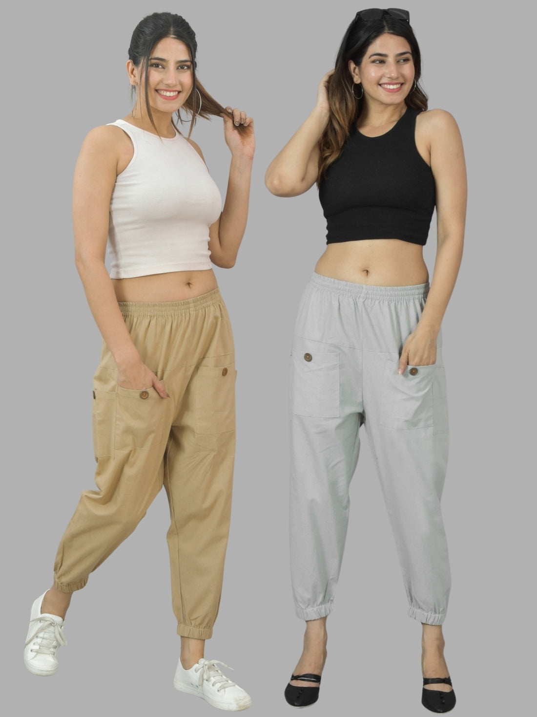 Combo Pack Of Womens Beige And Melange Grey Four Pocket Cotton Cargo Pants
