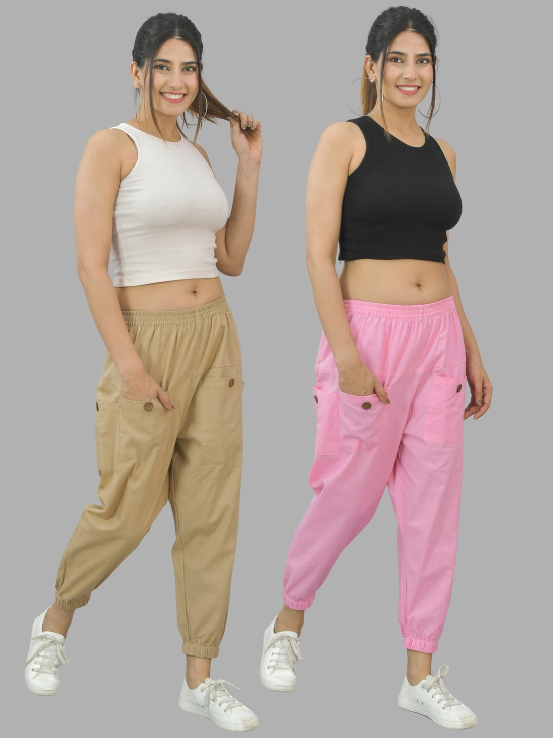 Combo Pack Of Womens Beige And Pink Four Pocket Cotton Cargo Pants