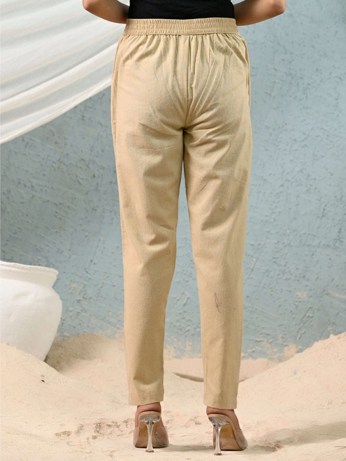 Women's Beige Regular Fit Elastic Cotton Trouser