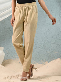 Women's Beige Regular Fit Elastic Cotton Trouser