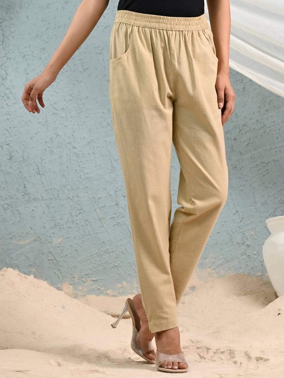 Women's Beige Regular Fit Elastic Cotton Trouser