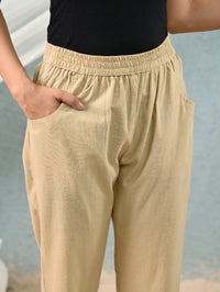 Women's Beige Regular Fit Elastic Cotton Trouser