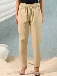 Women's Beige Regular Fit Elastic Cotton Trouser