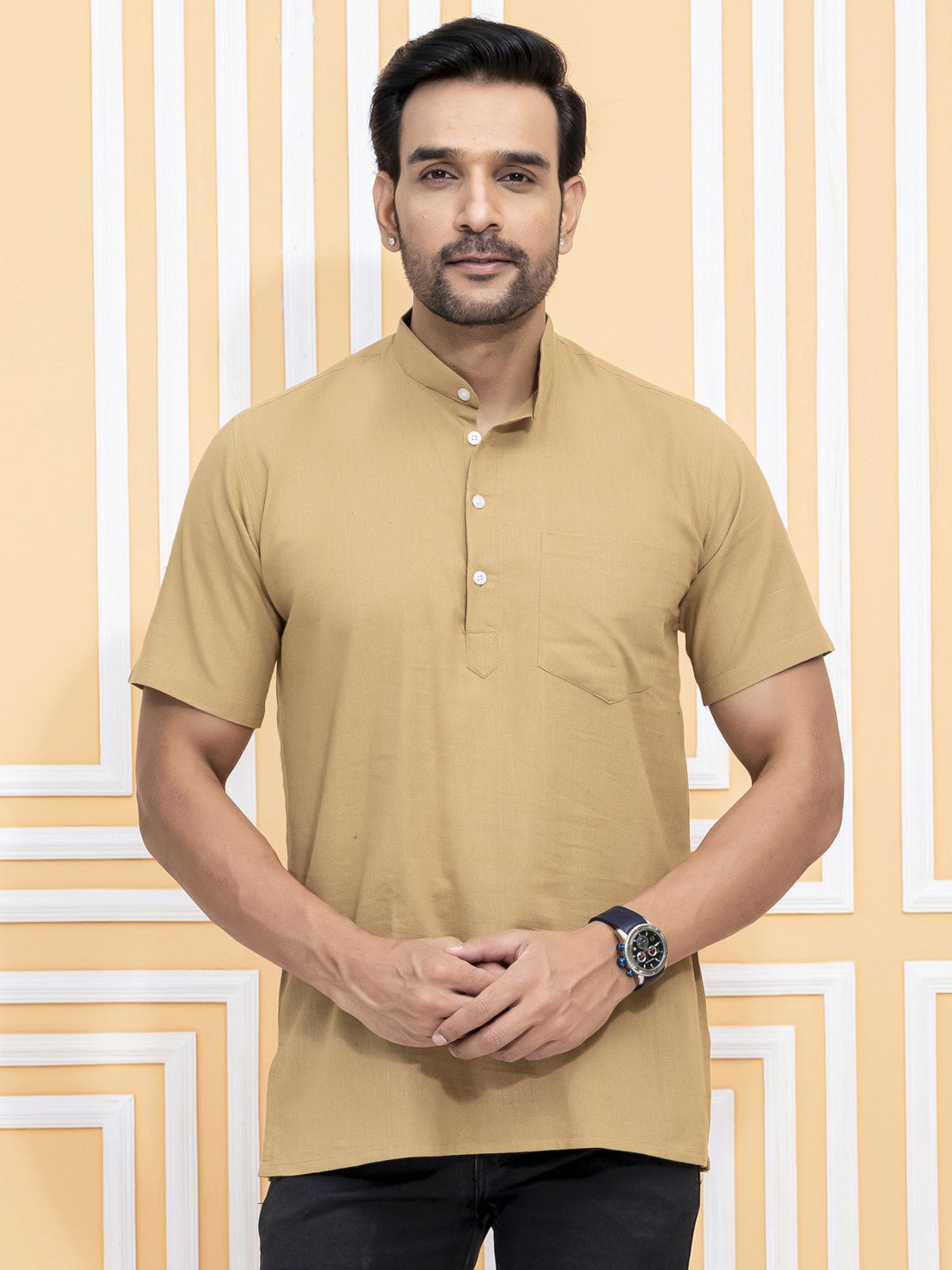 Pack Of 2 Mens Beige And Black Cotton Short Kurta Combo
