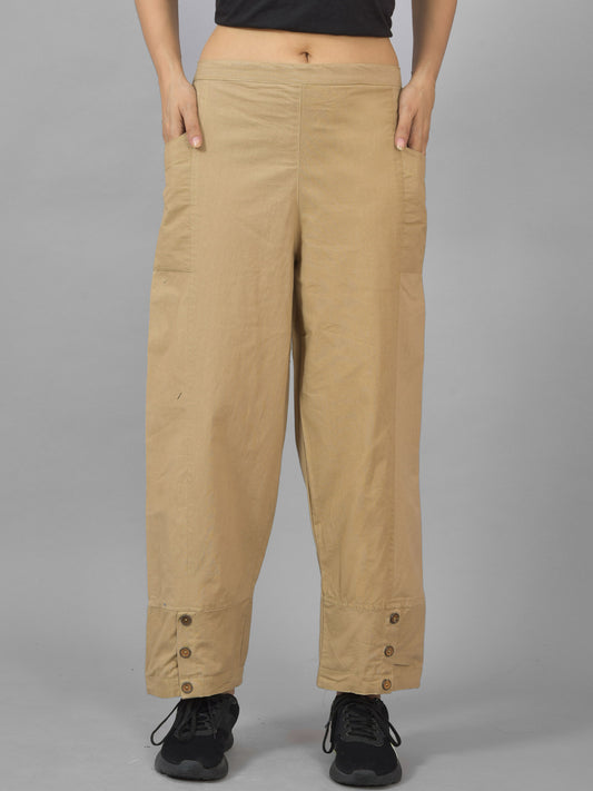 Womens Beige Side Pocket Pure Cotton Straight Cargo Pant