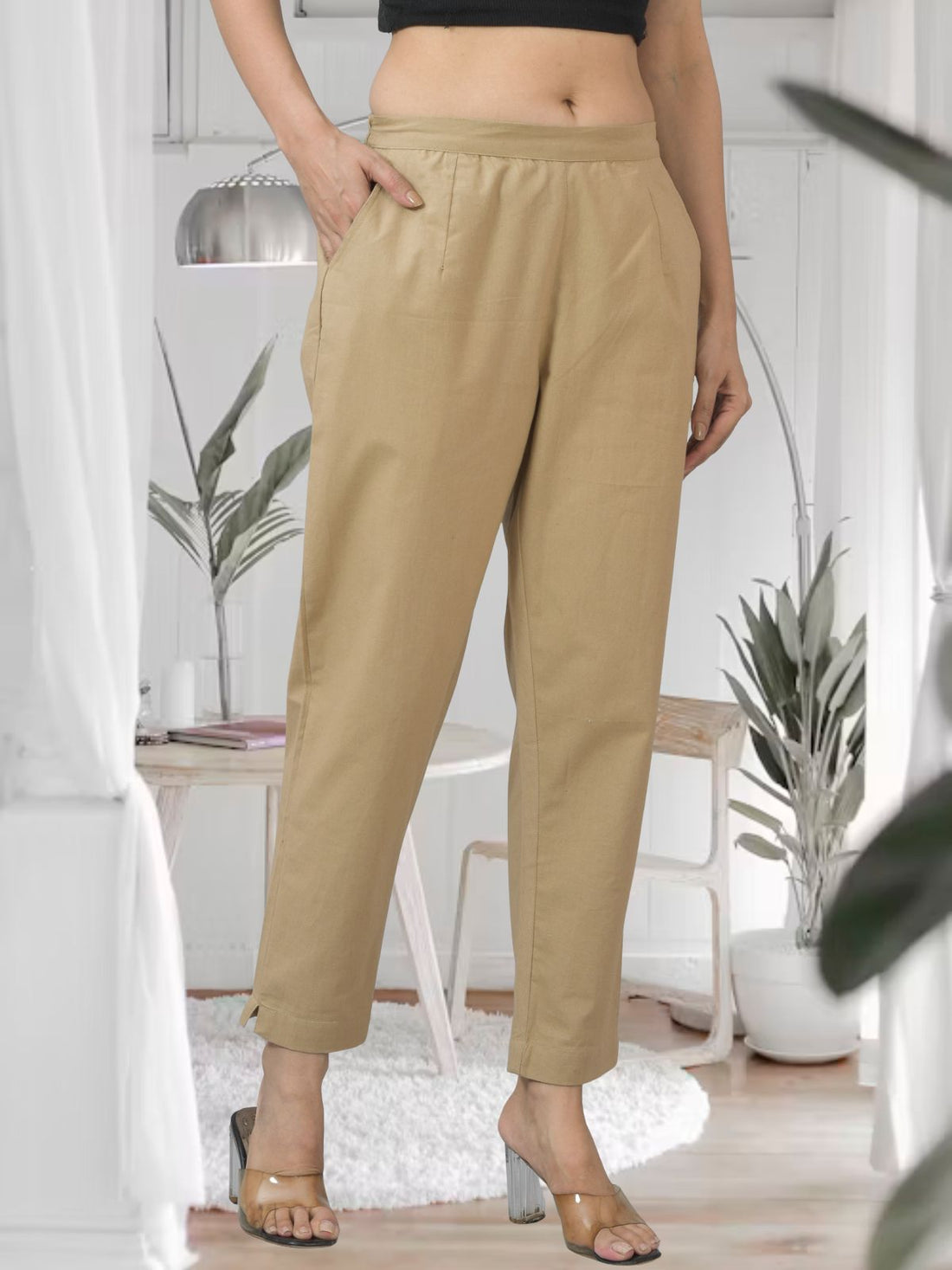 Beige Half Elastic Airy Linen Cotton Pants