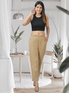 Beige Half Elastic Airy Linen Cotton Pants