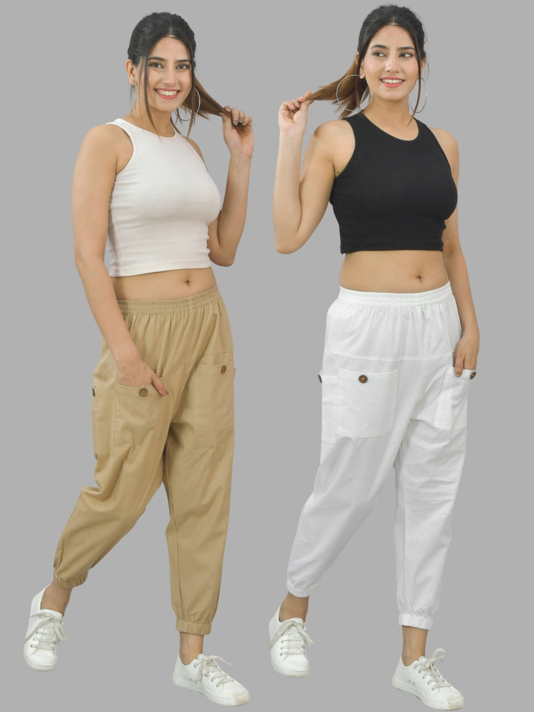 Combo Pack Of Womens Beige And White Four Pocket Cotton Cargo Pants
