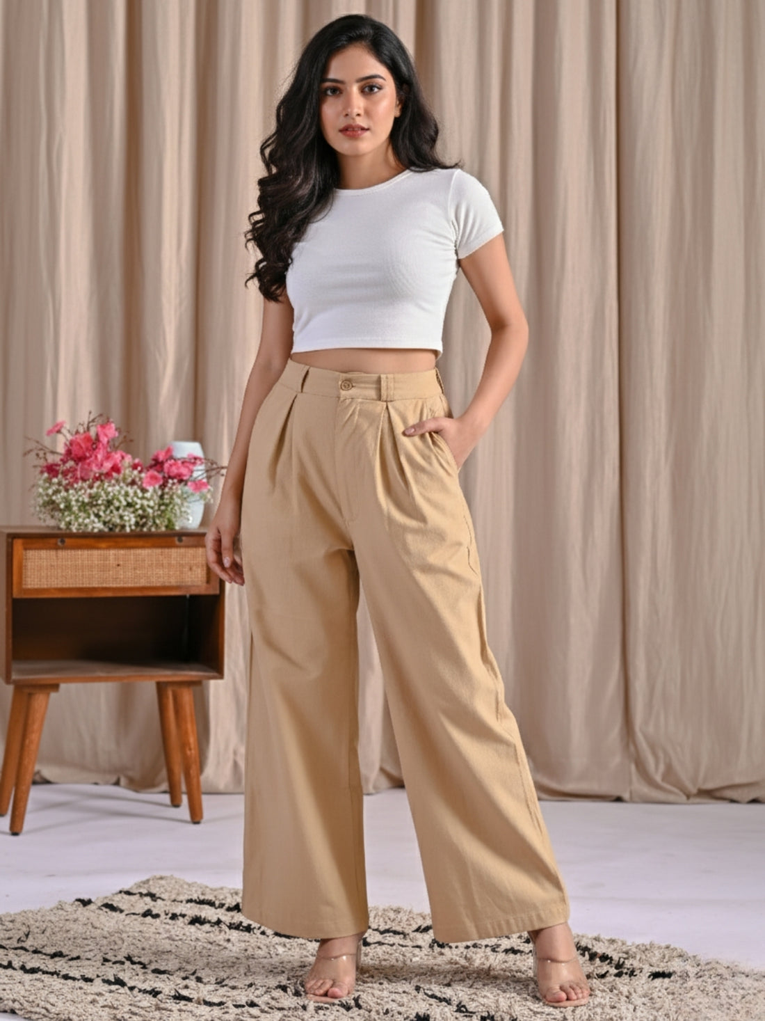Pack Of 2 Beige And Wine Women Cotton Wide Leg Pants
