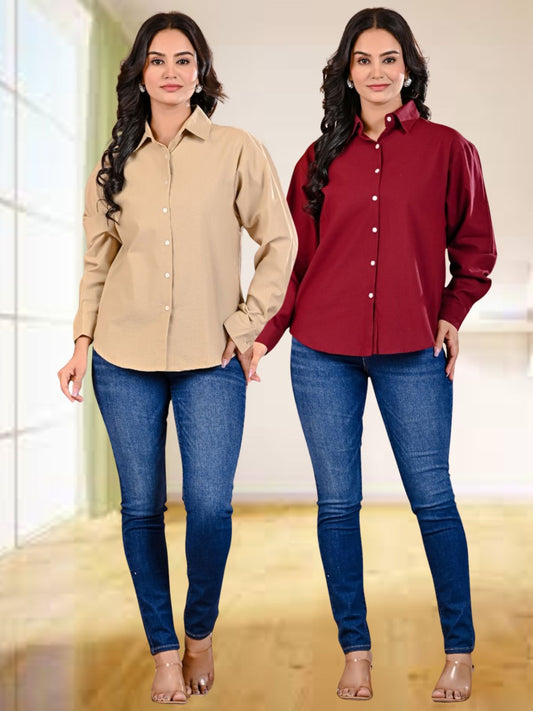 Pack Of 2 Womens Beige And Wine Cotton Loose Fit Shirt Combo