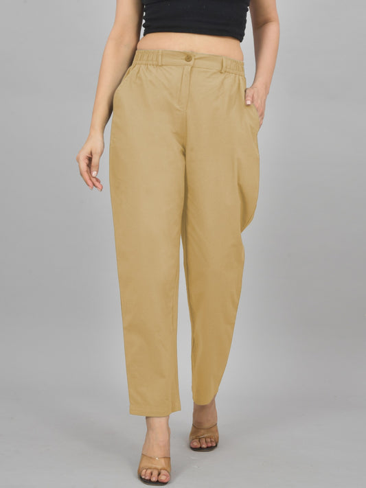 Womens Beige Regular Fit Cotton Formal Trouser