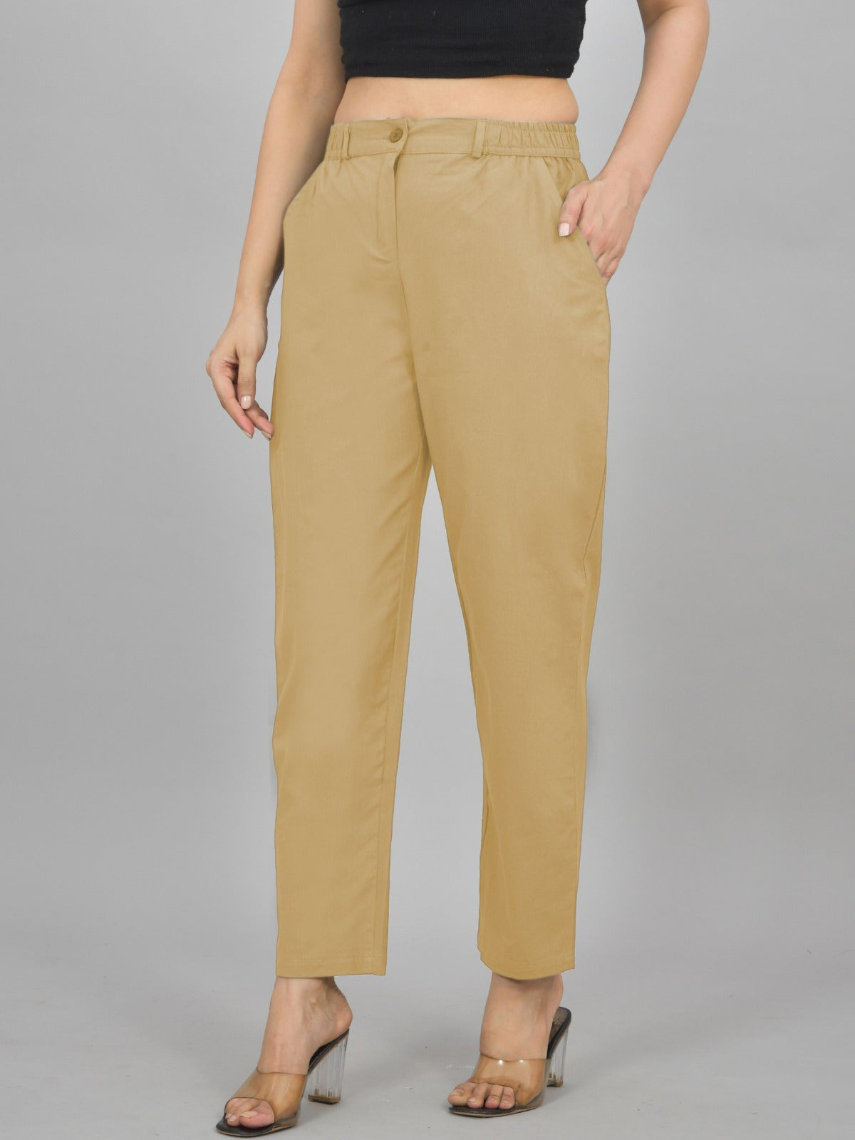 Womens Beige Regular Fit Cotton Formal Trouser