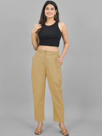 Womens Beige Regular Fit Cotton Formal Trouser