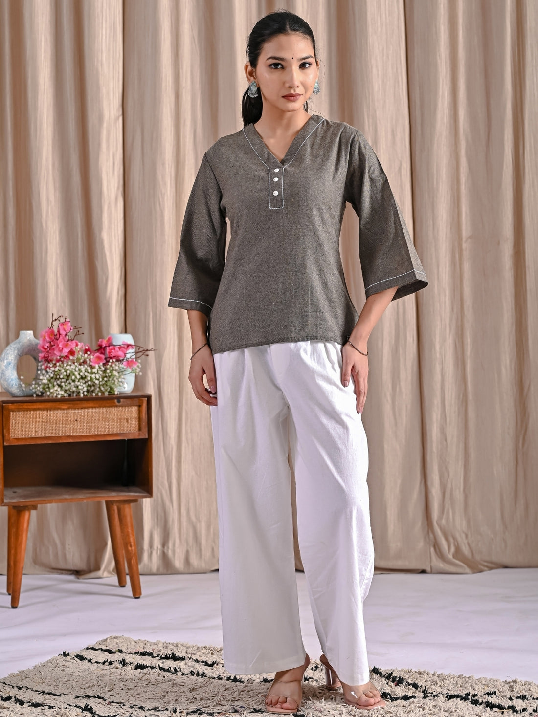 Biscuit Handloom Cotton Anchor Thread Designer Top