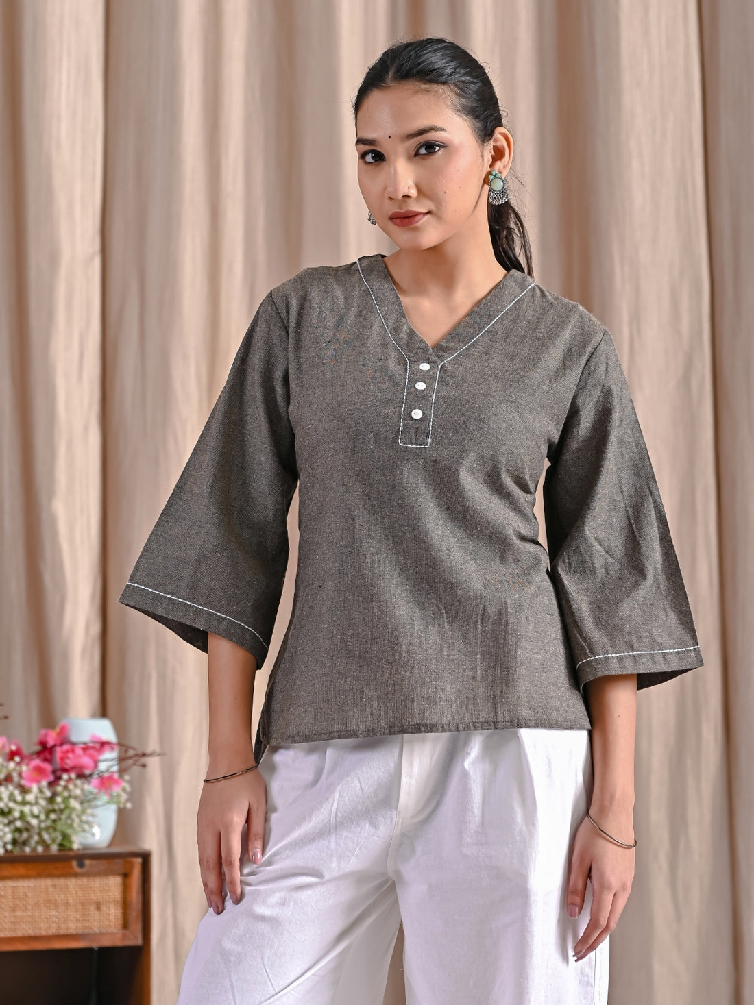 Pack Of 2 Biscuit And White Handloom Cotton Anchor Thread Designer Tops