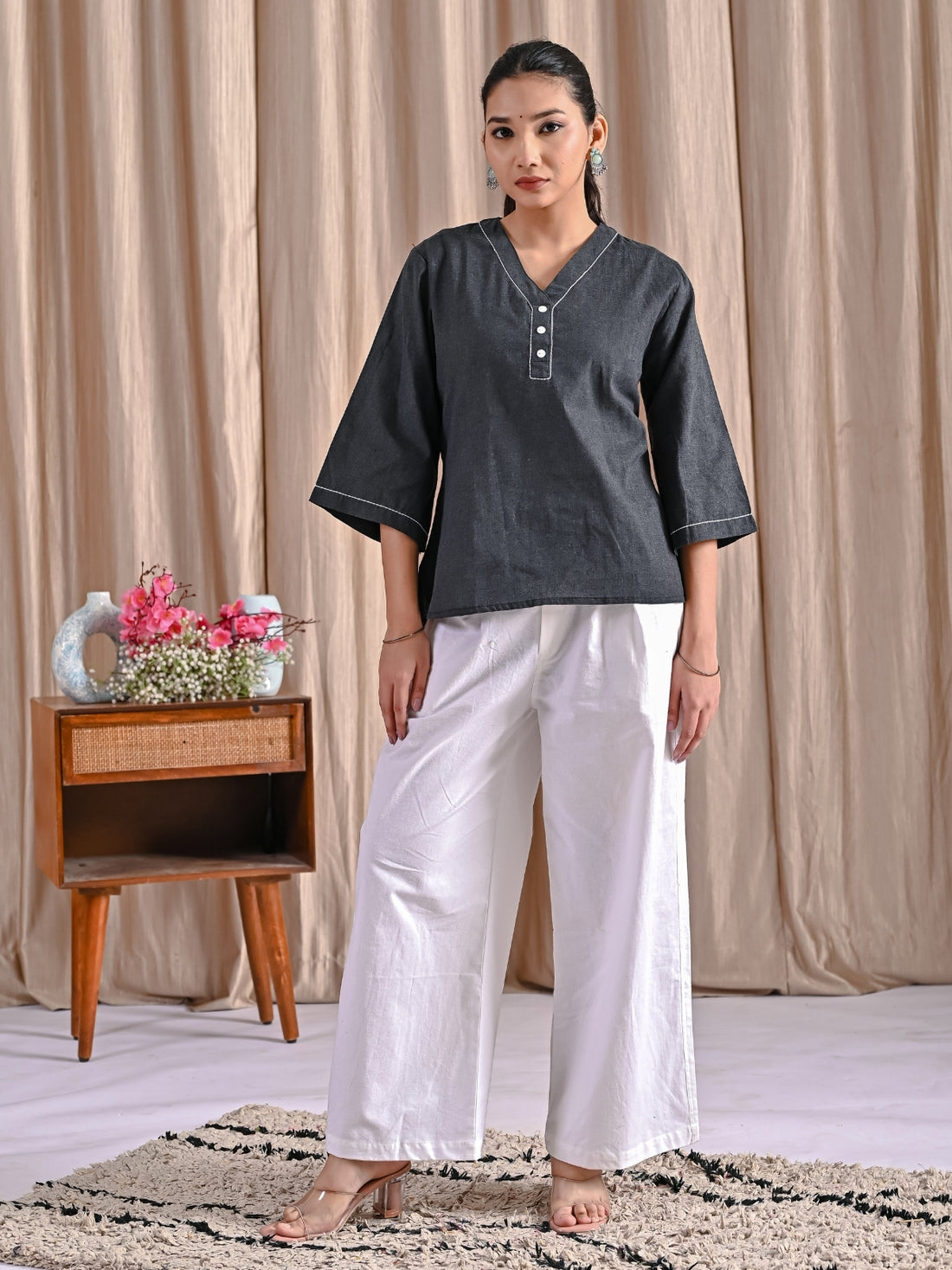 Black Handloom Cotton Anchor Thread Designer Top