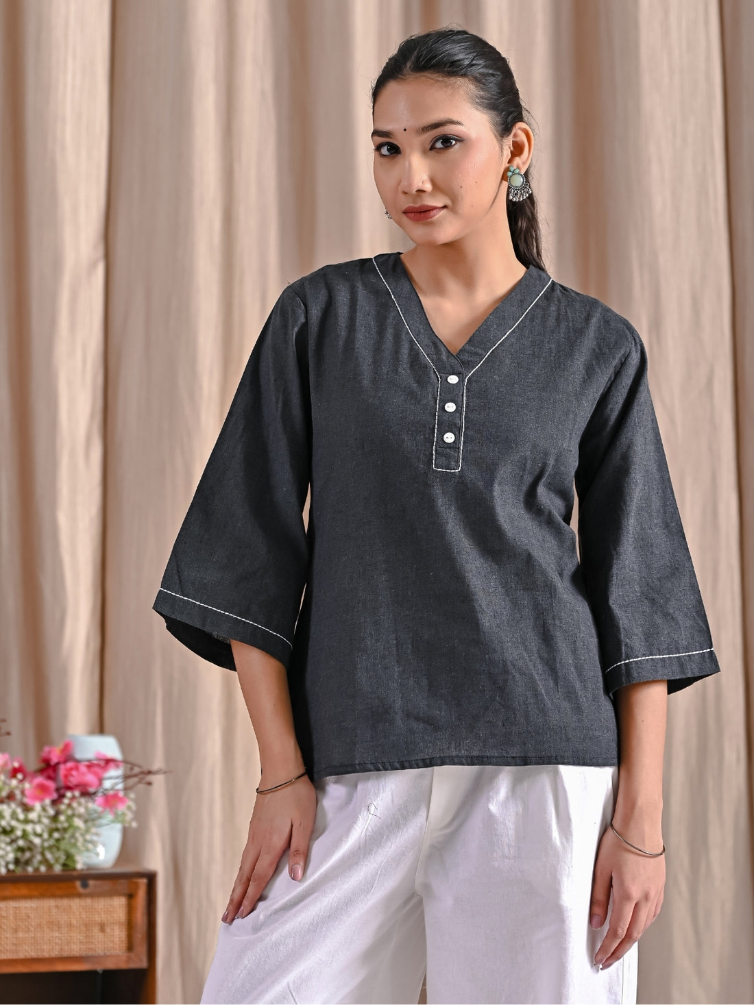 Pack Of 2 Black And Teal Blue Handloom Cotton Anchor Thread Designer Tops