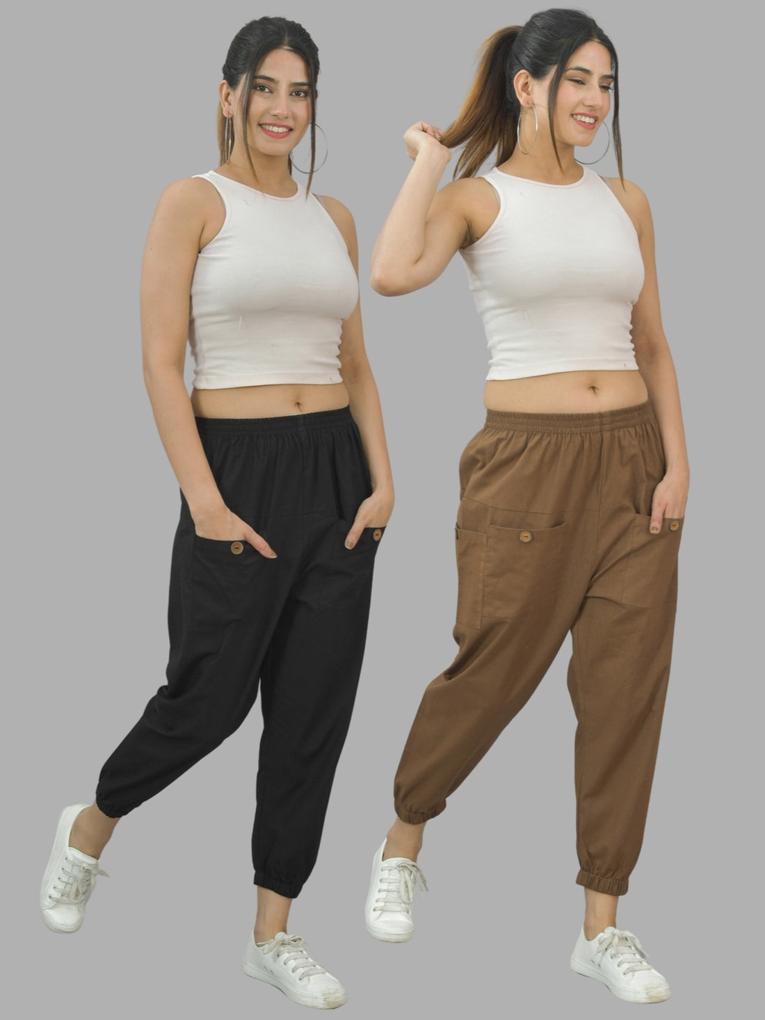 Combo Pack Of Womens Black And Brown Four Pocket Cotton Cargo Pants