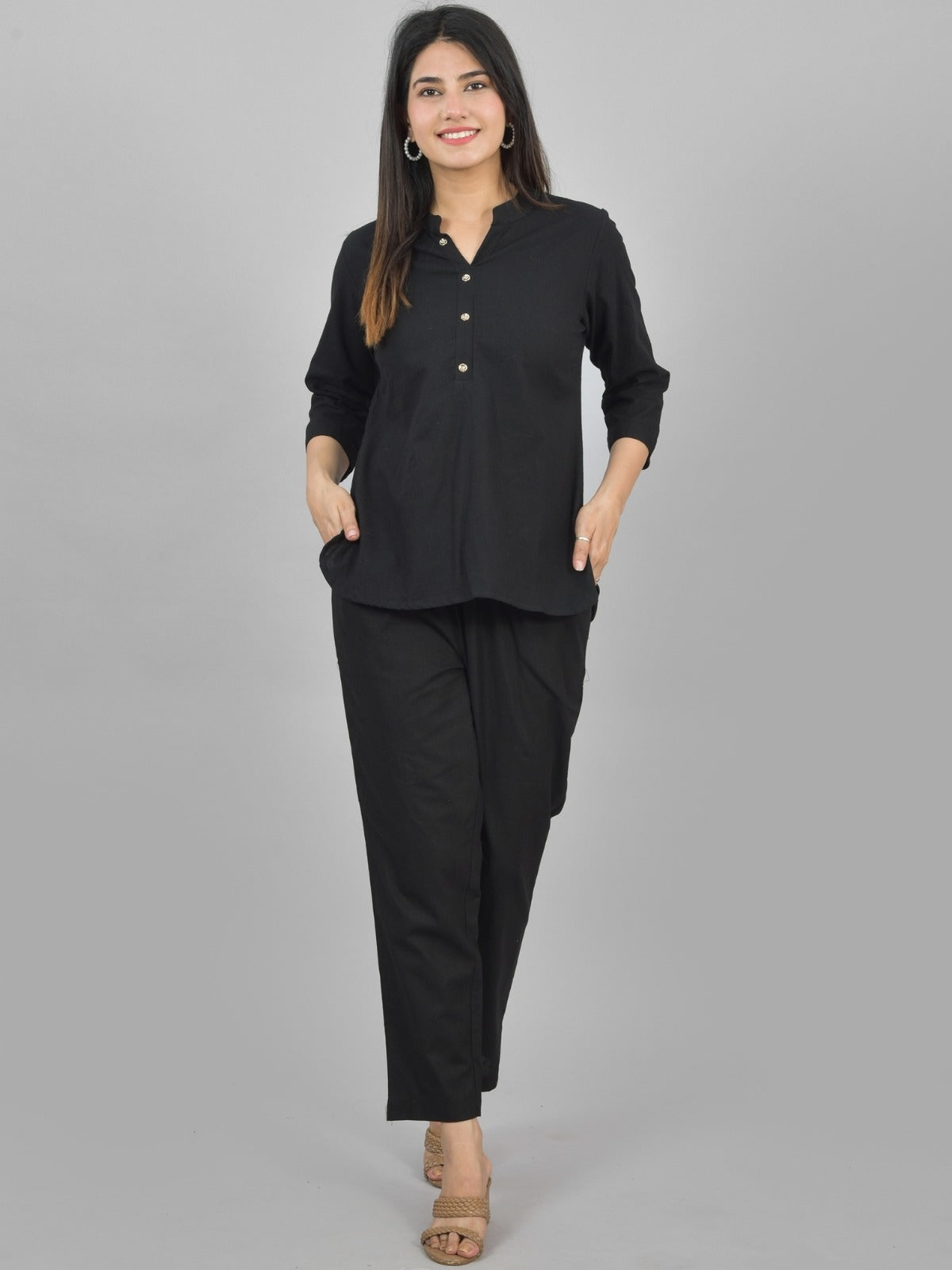 Quaclo Womens Solid Black Cotton Top-Pyjama Co-Ords Set